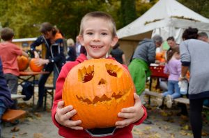 Tino Zimmermann (5) aus Frankfurt beim Kürbisschnitzwettbewerb für das Blühende Barock Ludwigsburg. Foto: Andreas Rosar
